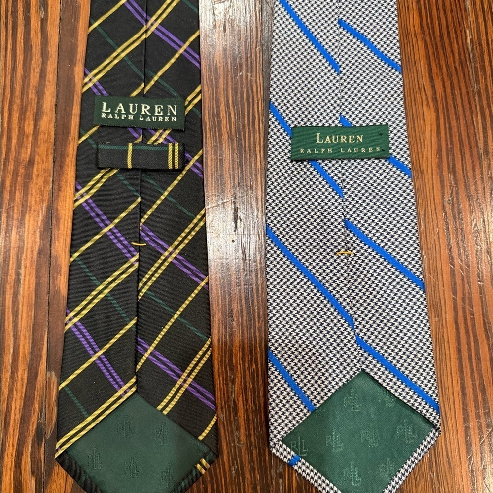 Pair Of Lauren Ralph Lauren 100% Silk Mens Designer Neck Ties Stripe Plaid - Picture 2 of 10